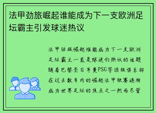 法甲劲旅崛起谁能成为下一支欧洲足坛霸主引发球迷热议