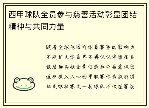 西甲球队全员参与慈善活动彰显团结精神与共同力量