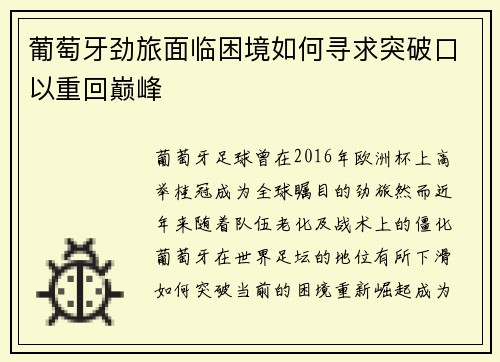 葡萄牙劲旅面临困境如何寻求突破口以重回巅峰